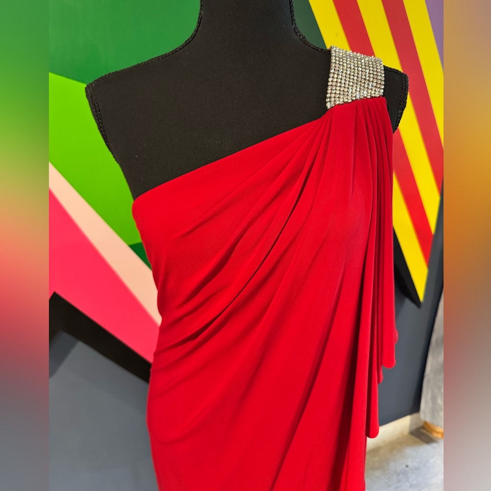 Y2K Cache Red One-Shoulder Asymmetric Draped Mini Dress with Rhinestone Shoulder - Picture 3 of 6